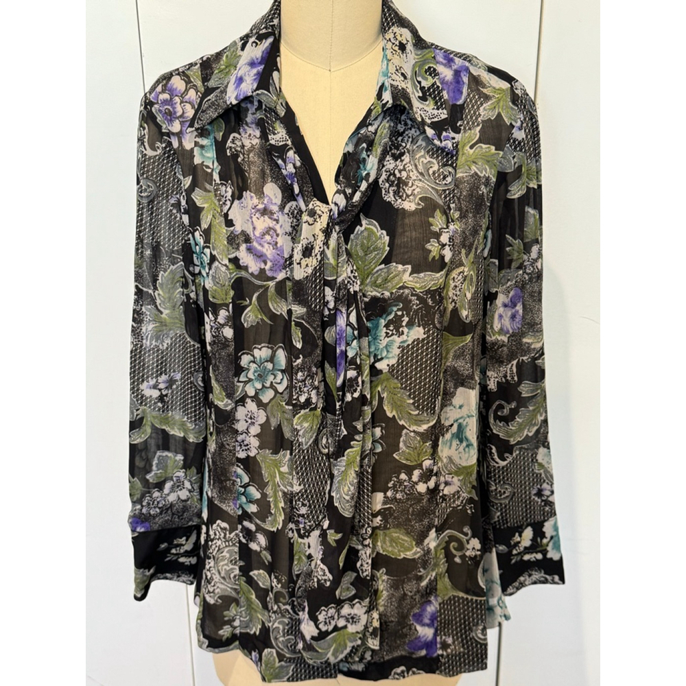 Women's Evan-Picone button front Blouse Size 14 Black Floral detachable tie